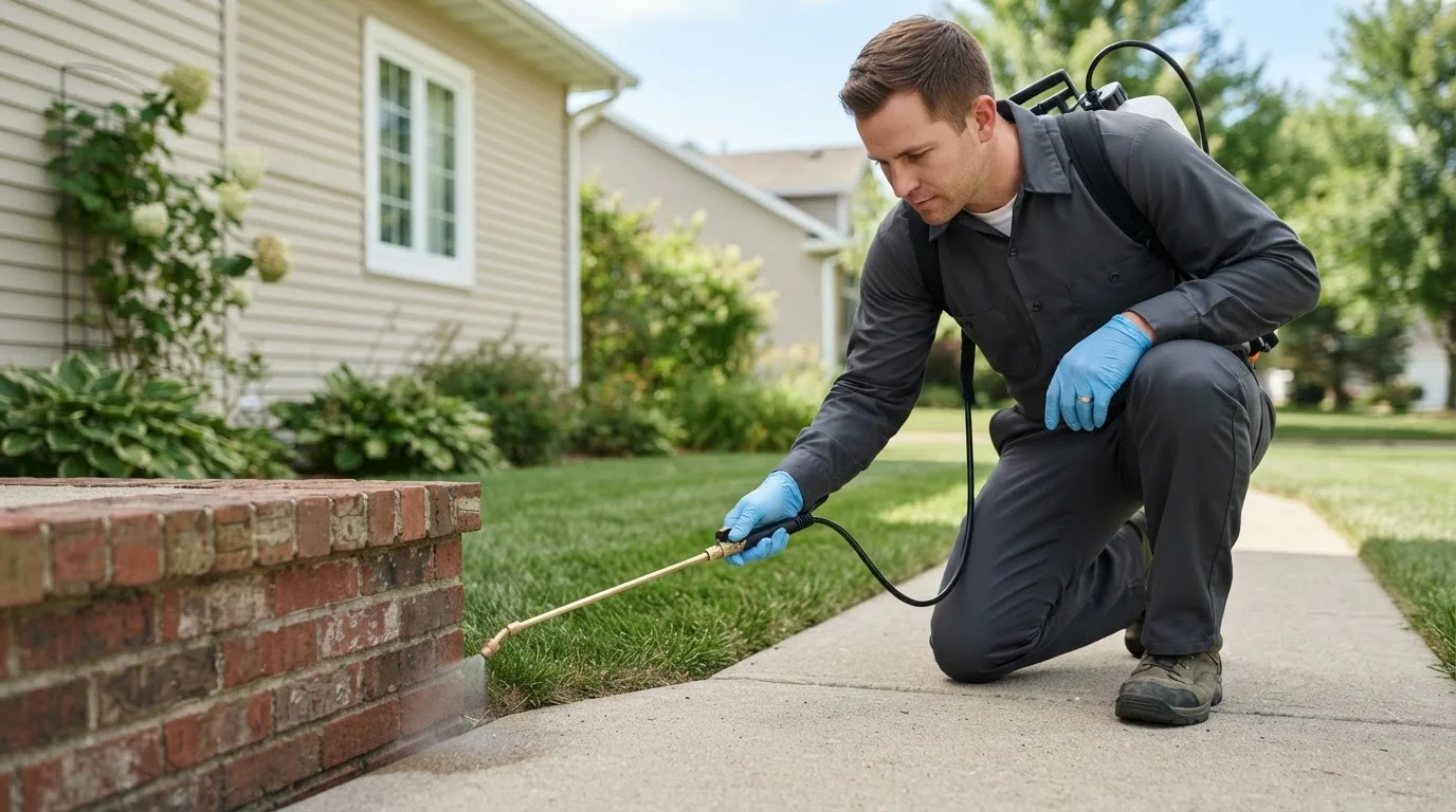 Pest control technician treating a home near Willisville, IL