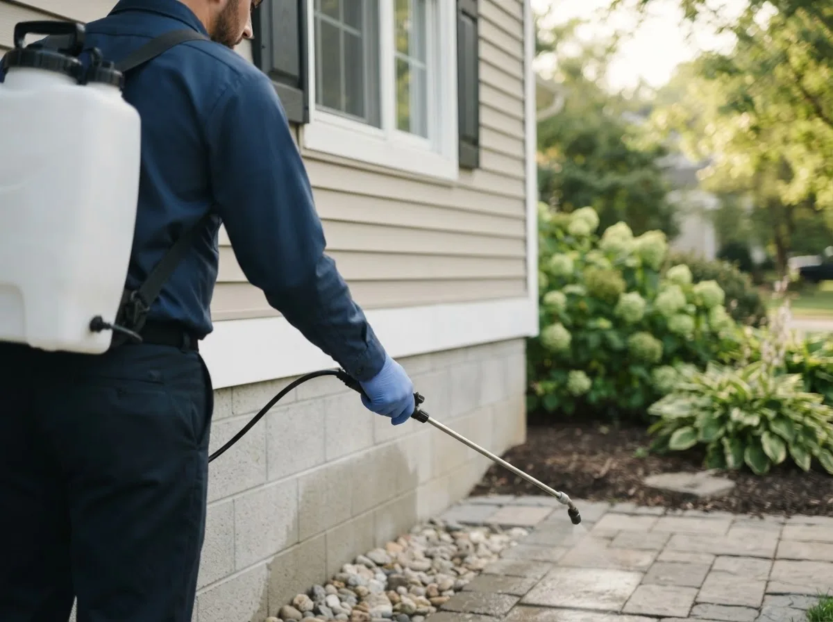 Pest control technician inspecting a home in Willisville, IL